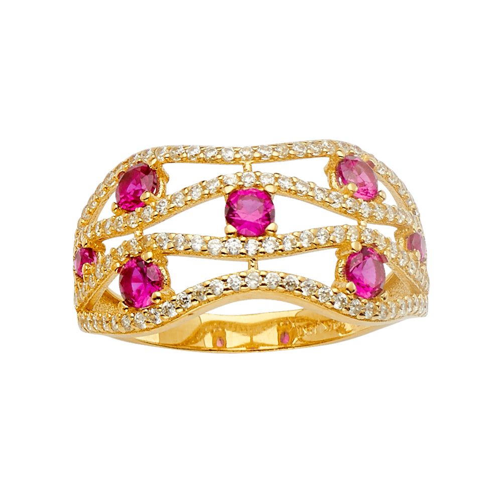 14K Yellow Gold Women’s Layered CZ Fashion Ring with Synthetic Red Ruby CZ