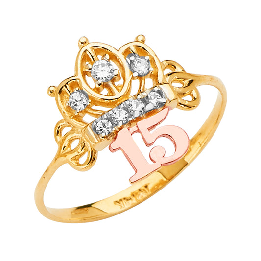 14K Tri-Color Quinceañera Crown Ring with CZ
