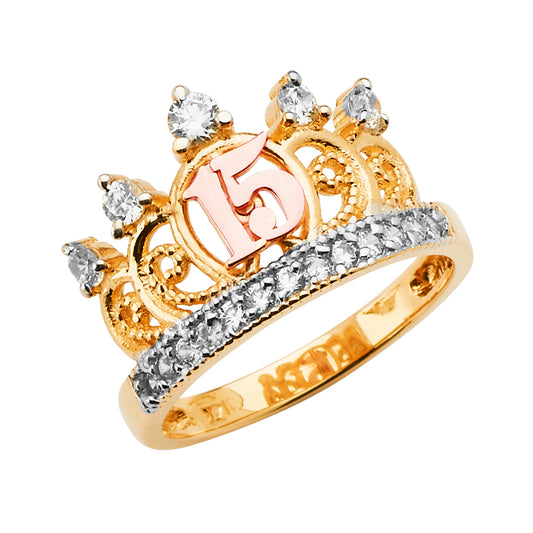14K Two-Tone Quinceañera Tiara Ring with CZ