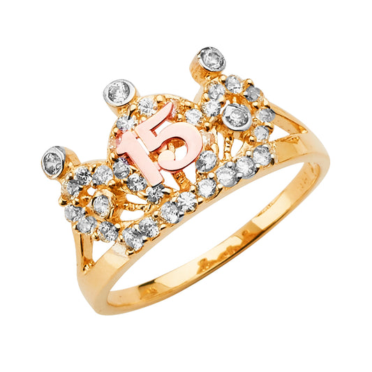 14K Tri-Color Quinceañera Crown Ring with CZ