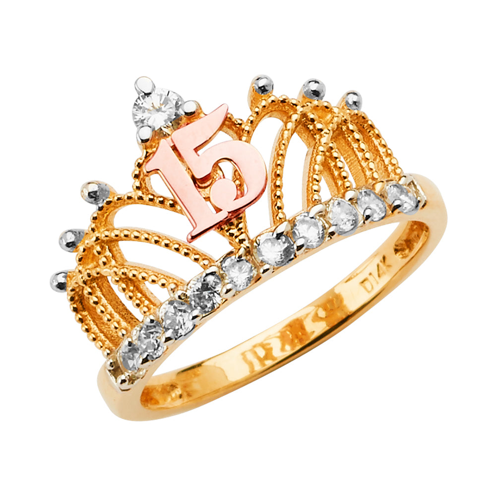 14K Tri-Color Quinceañera Crown Ring with CZ
