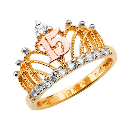 14K Tri-Color Quinceañera Crown Ring with CZ