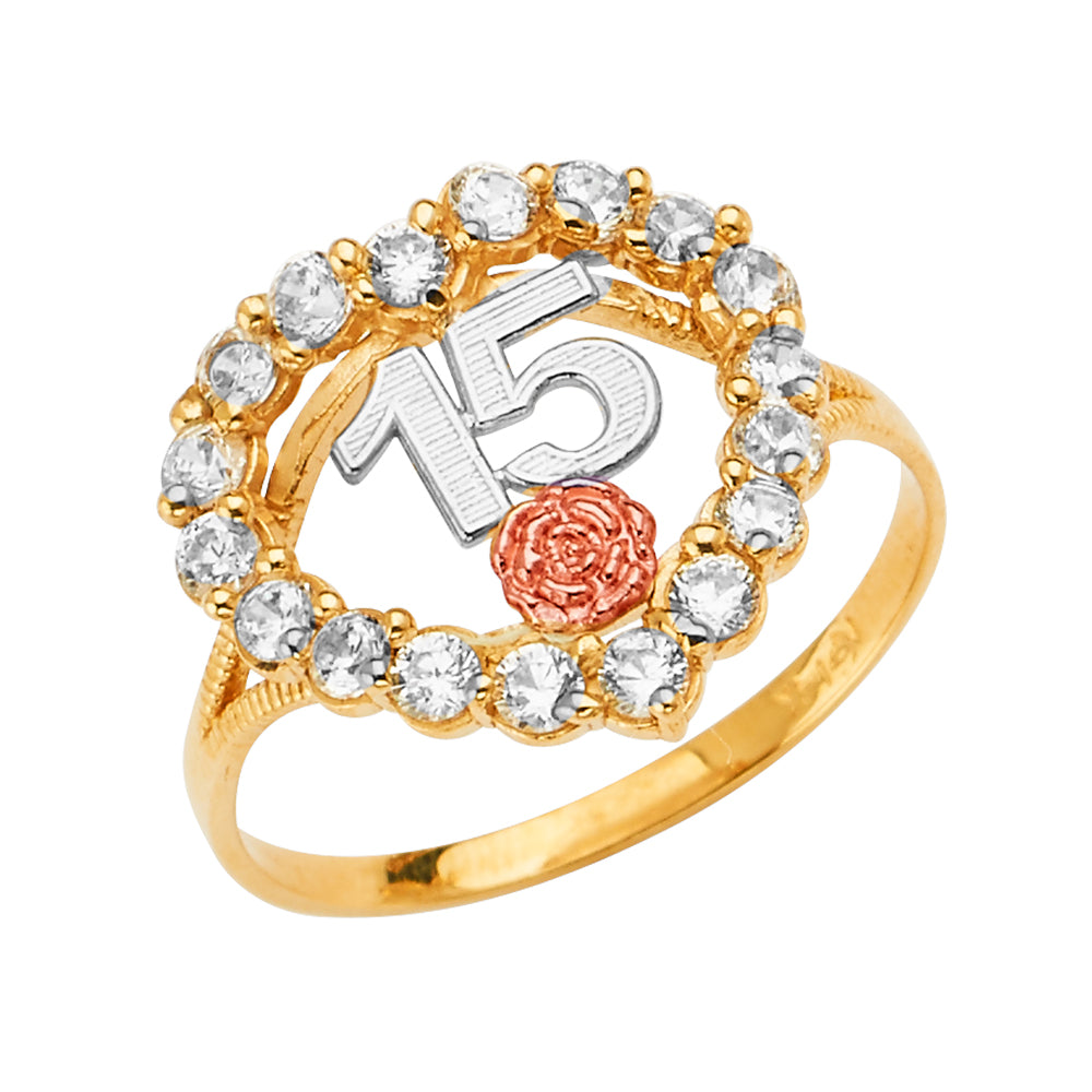 14K Tri-Color Gold Quinceañera Heart Design with Rose and Cubic Zirconia Accents