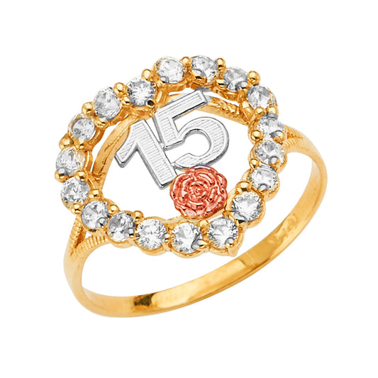 14K Tri-Color Gold Quinceañera Heart Design with Rose and Cubic Zirconia Accents