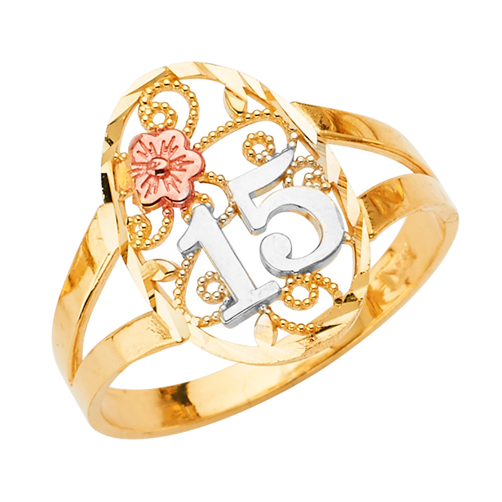 14K Tri-Color Gold 15 Años Quinceañera Ring