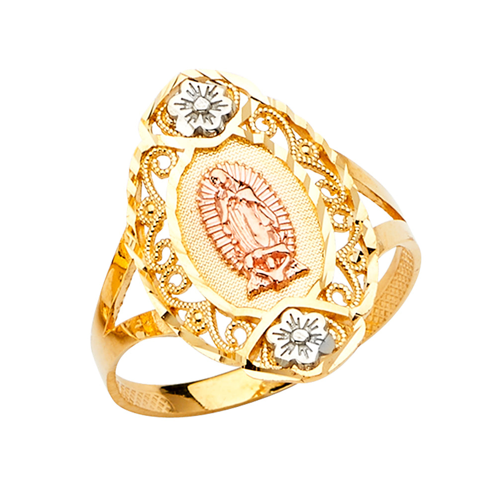 14K Tri-Color Gold Virgin Guadalupe Filigree Design Women’s Ring