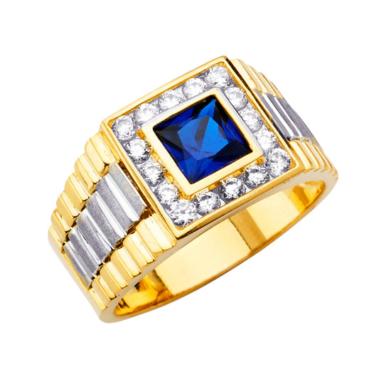 14K Two-Tone Gold Men’s Ring with Synthetic Princess-Cut Blue Sapphire Stone and Cubic Zirconia
