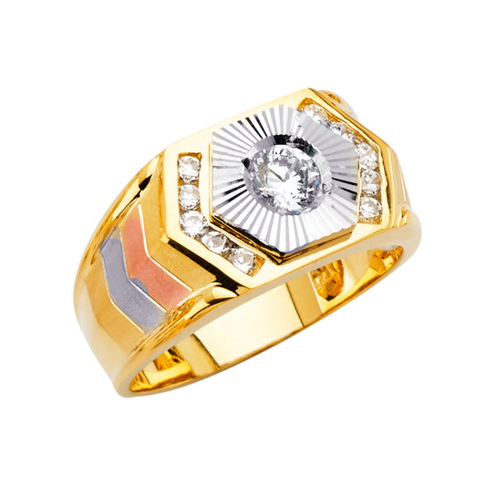 14K Tri-Color Gold Men’s Sunburst Design Ring accented with Cubic Zirconia