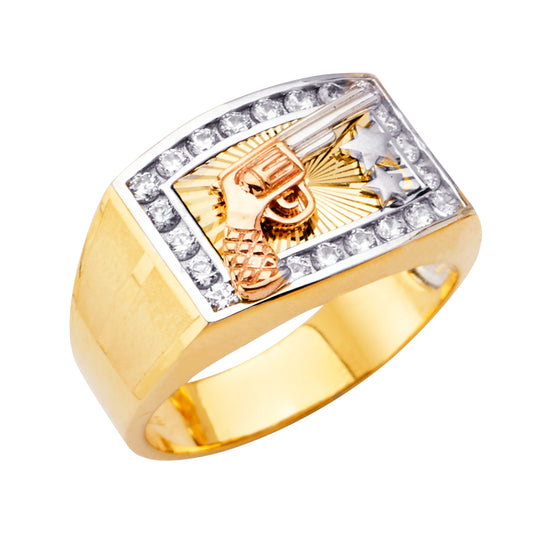 14K Tri-Color Gold Men’s Revolver and Star Motif Sunburst Design Ring accented with Cubic Zirconia