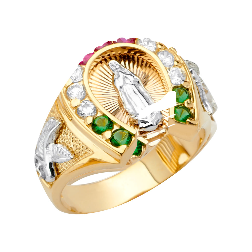 14K Two-Tone Gold Men’s Horseshoe Design Virgin Mary Multicolor CZ Ring