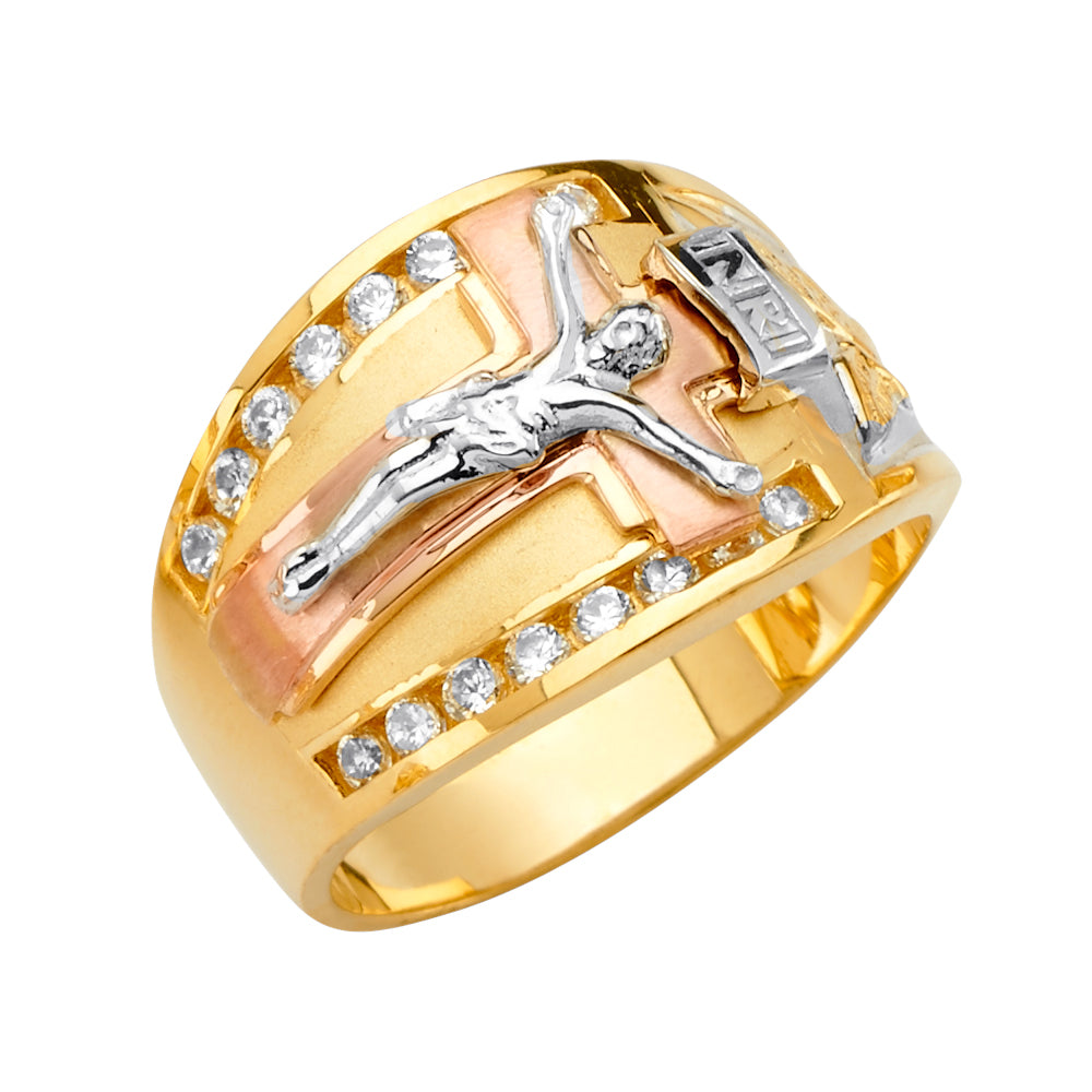 14K Tri-Color Gold Men's Crucifix Design CZ Ring