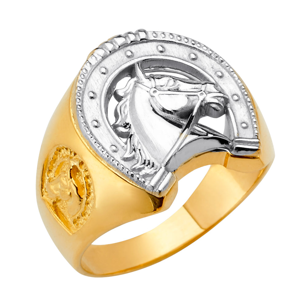 14K Two-Tone Gold Men’s Horseshoe Design Horse Head Ring