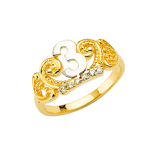 14K Two-Tone Gold Children’s  Ring with Number 3 and Cubic Zirconia