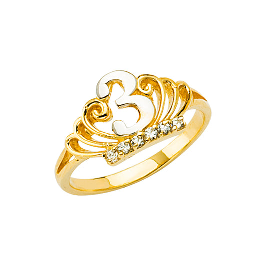 14K Two-Tone Gold Children’s Ring with Number 3 and CZ Crown Design