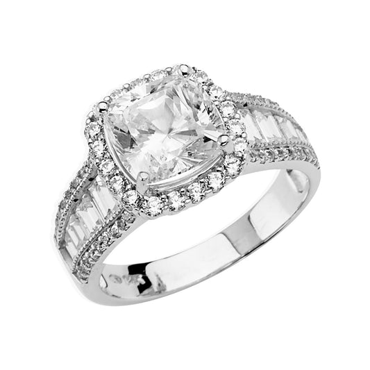 14K White Gold Women's Cushion Cut Halo & Baguette Cubic Zirconia Engagement Ring