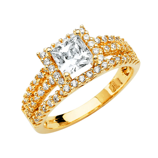 14K Yellow Gold Women's Princess Cut Halo Cubic Zirconia Engagement Ring