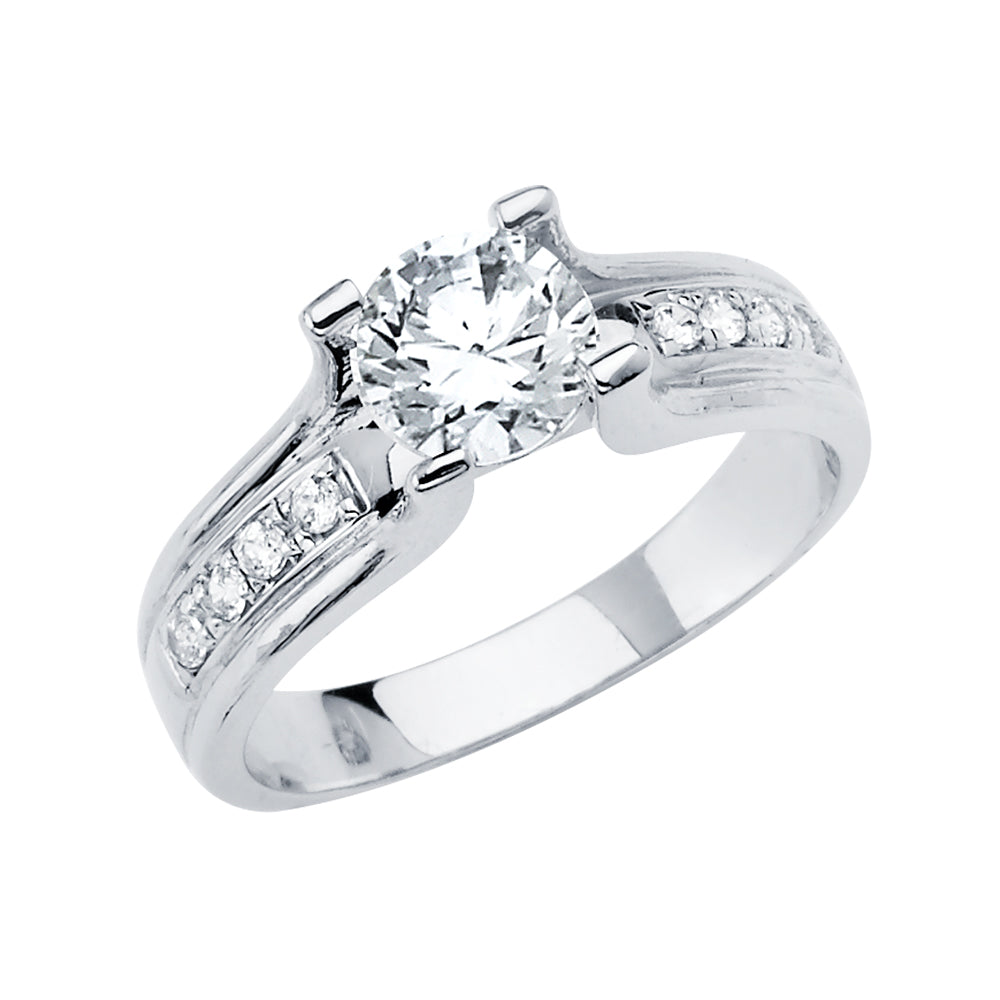 14K White Gold Women’s Round Cubic Zirconia Engagement Ring with Channel CZ Accents