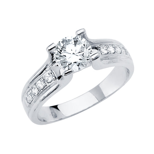 14K White Gold Women’s Round Cubic Zirconia Engagement Ring with Channel CZ Accents