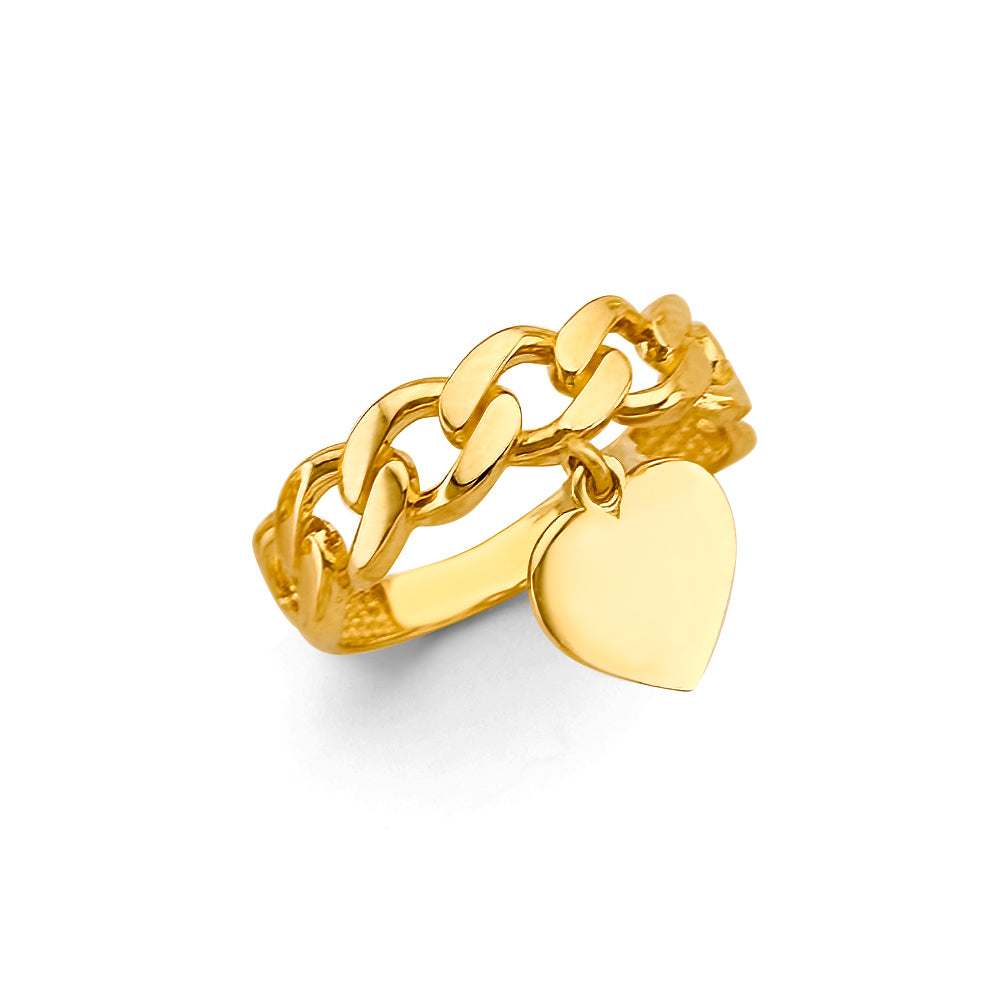 14K Yellow Gold Women’s Cuban Link Heart Dangle Ring