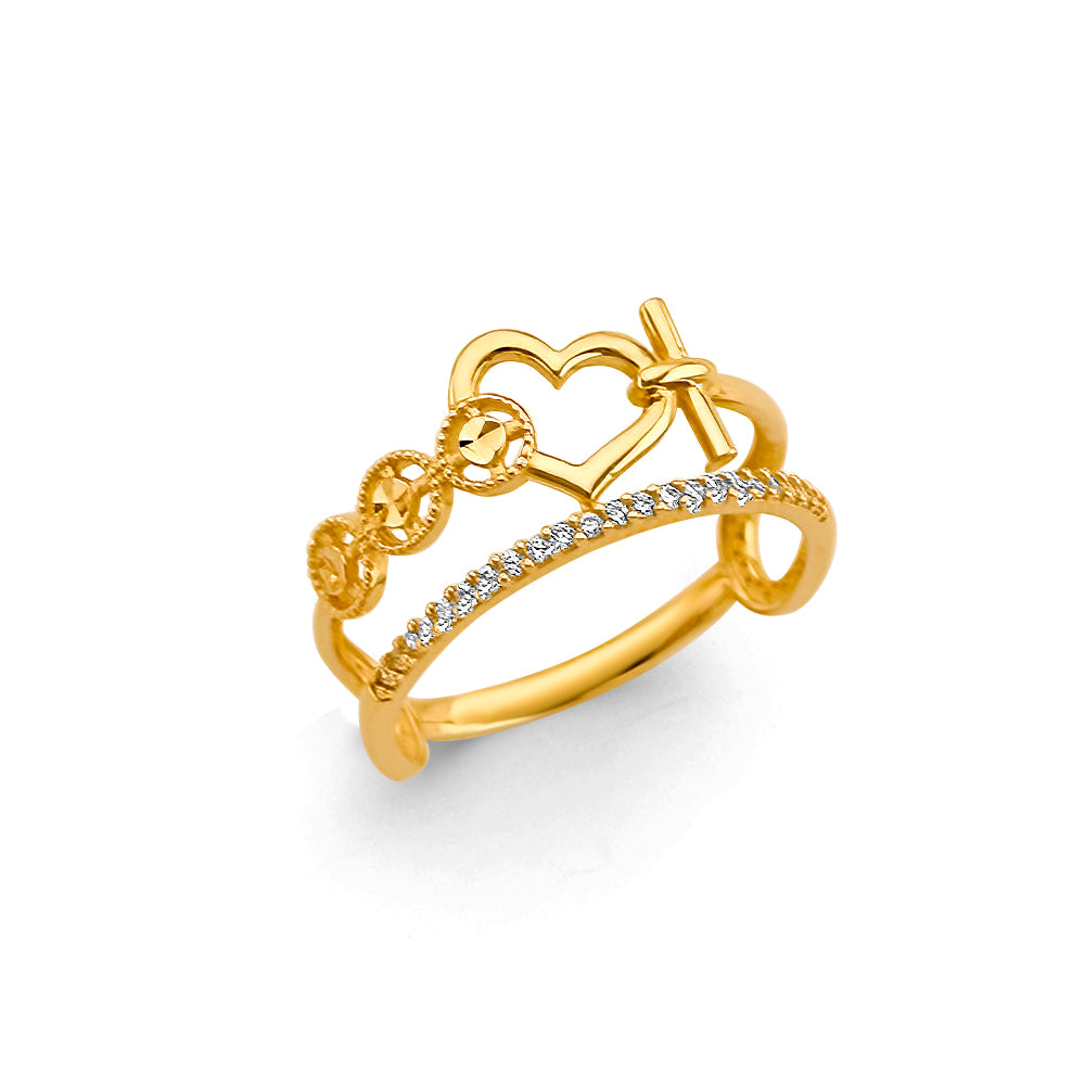 14K Yellow Gold Women’s Heart Bow CZ Open Ring