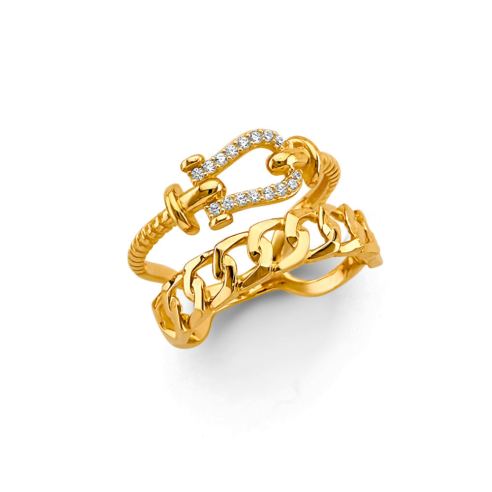 14K Yellow Gold Women’s Dual Band Link & Carabiner CZ Ring