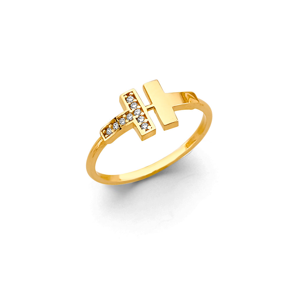 14K Yellow Gold Women’s Double Cross CZ Ring