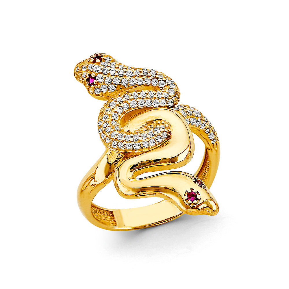 14K Yellow Gold Double Snake Design CZ Ring