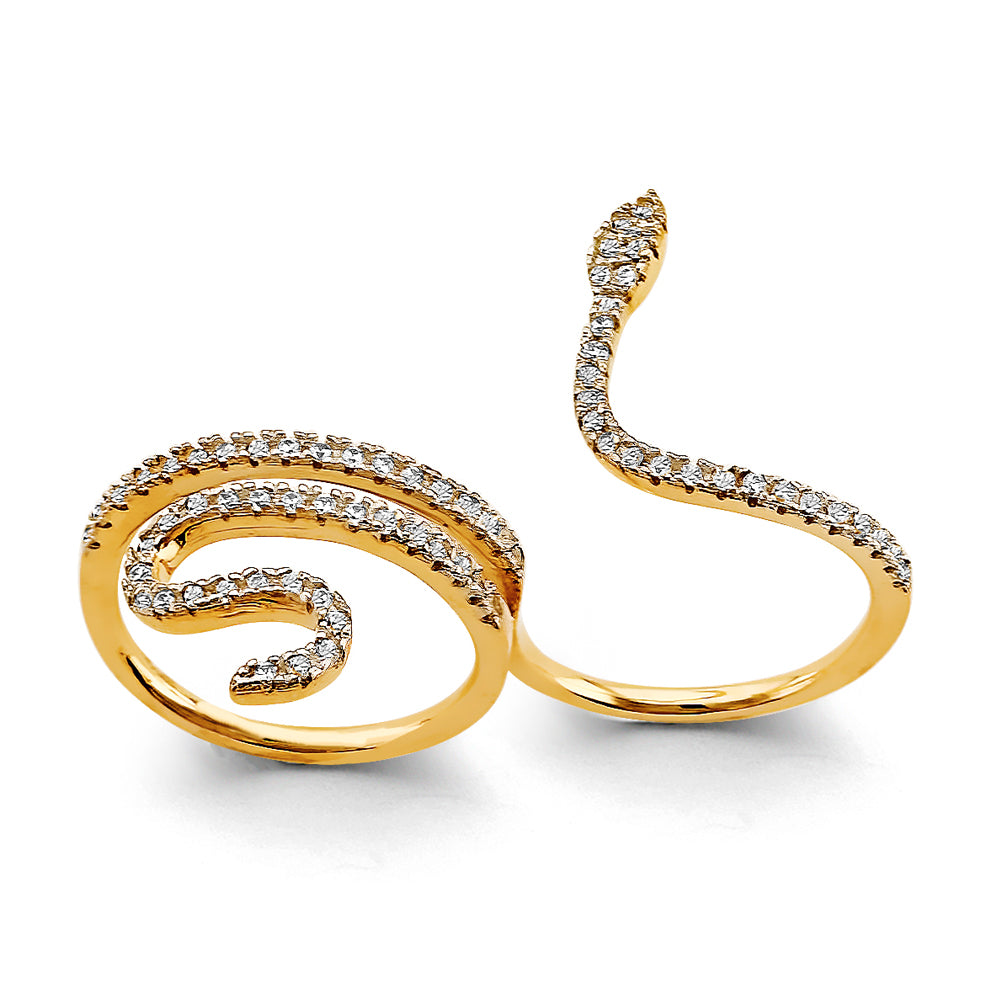 14K Yellow Gold Double Snake Design CZ Ring