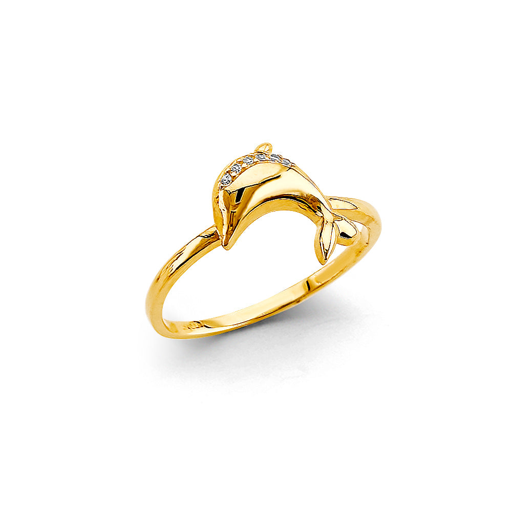 14K Yellow Gold Dolphin Design CZ Ring