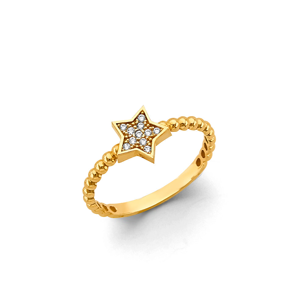 14K Yellow Gold Beaded Star CZ Ring