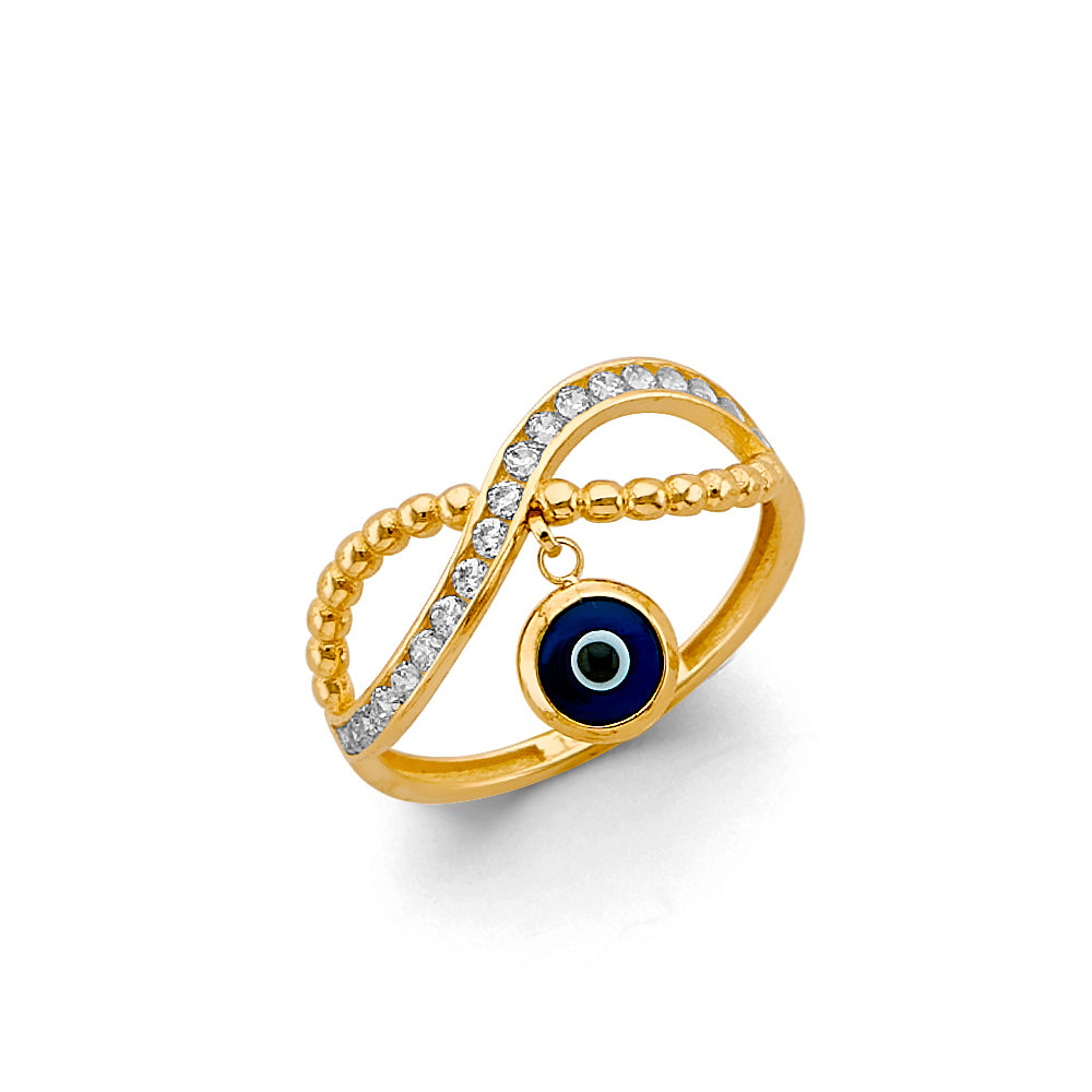 14K Yellow Gold Evil Eye CZ Beaded Ring