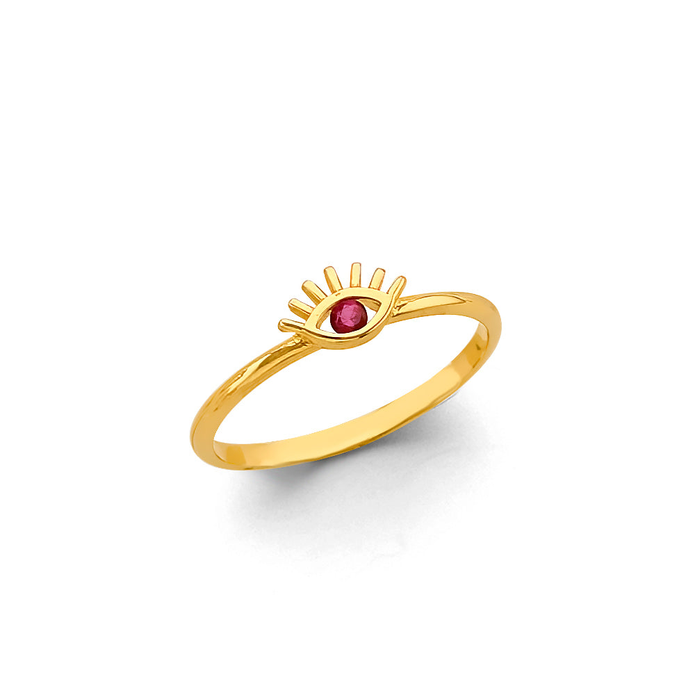 14K Yellow Gold Evil Eye Design Ring with Synthetic Red Ruby CZ