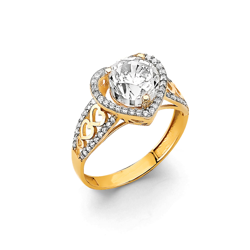 14K Yellow Gold Women’s Heart Halo Solitaire CZ Ring