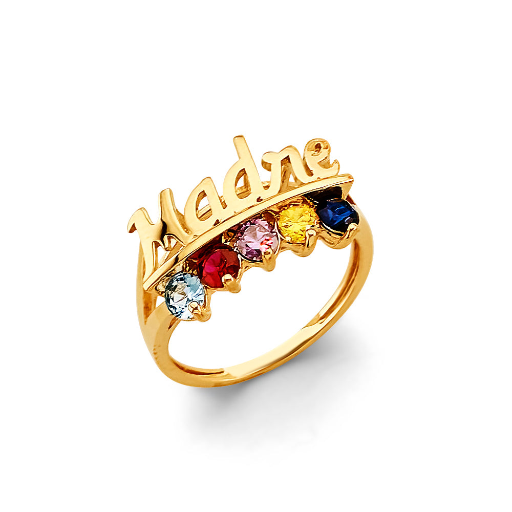 14K Yellow Gold Madre Name Design 5-Stone Multicolor CZ Ring, perfect for customization as a Mother’s Ring
