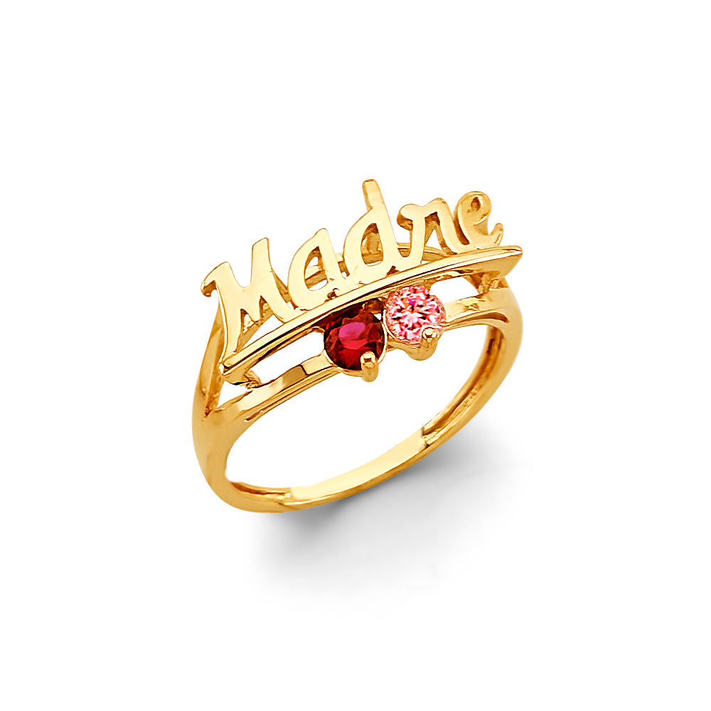 14K Yellow Gold Madre Name Design 2-Stone Multicolor CZ Ring, perfect for customization as a Mother’s Ring