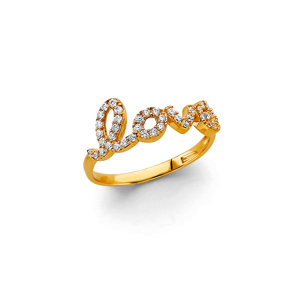 14K Yellow Gold Women’s Love Script CZ Ring