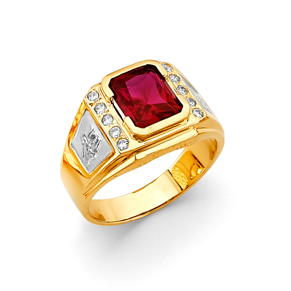 14K Two-Tone Gold Men’s Ring with Synthetic Emerald-Cut Ruby Stone and Cubic Zirconia Accents