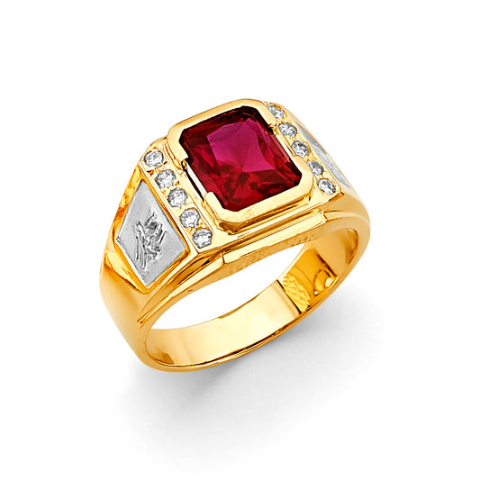 14K Two-Tone Gold Men’s Ring with Synthetic Emerald-Cut Ruby Stone and Cubic Zirconia Accents