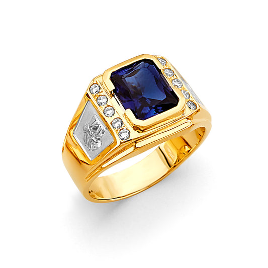 14K Two-Tone Gold Men’s Ring with Synthetic Emerald-Cut Sapphire Stone and Cubic Zirconia Accents