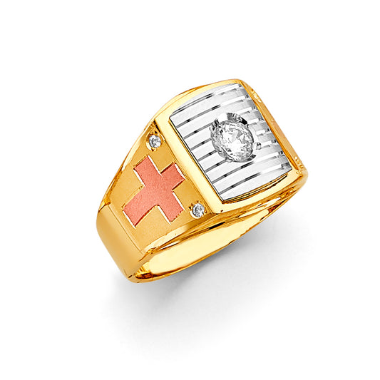 14K Tri-Color Gold Men’s Cross Design Ring accented with Cubic Zirconia