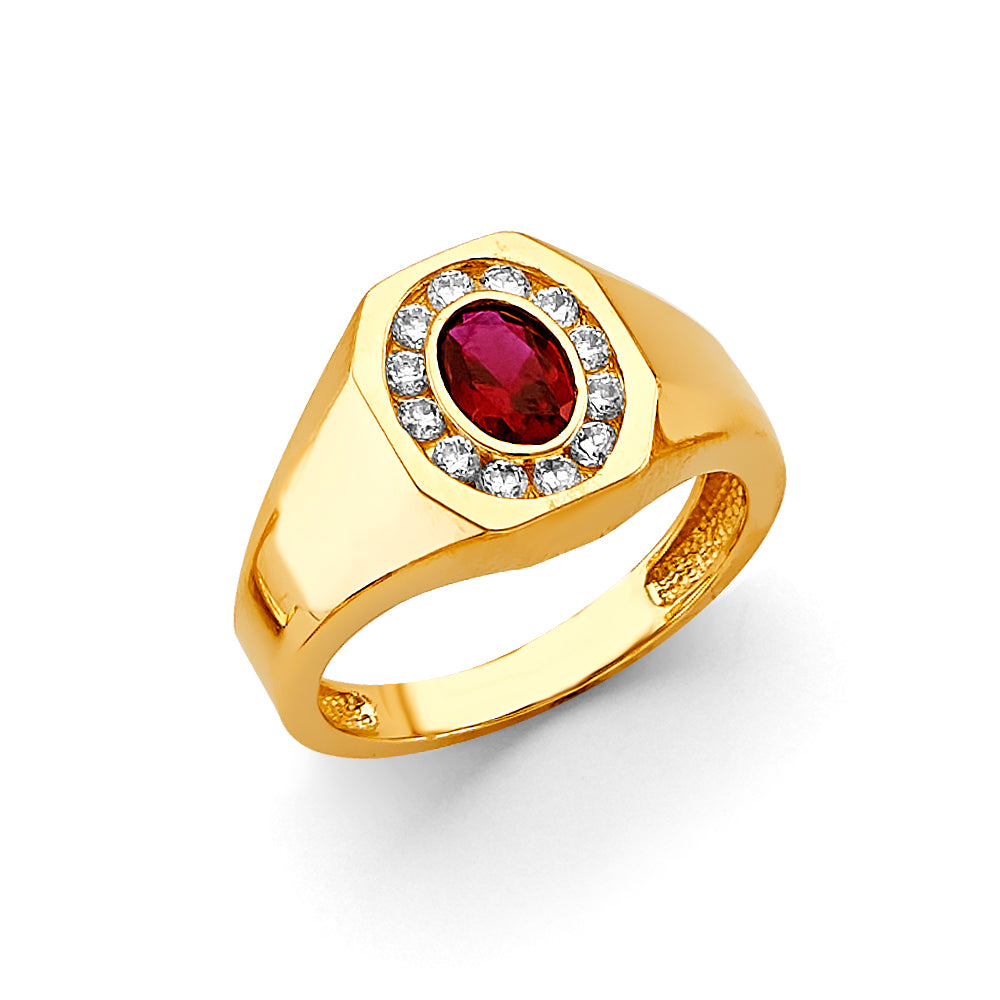 14K Yellow Gold Men’s Ring with Synthetic Oval-Cut Ruby and Cubic Zirconia