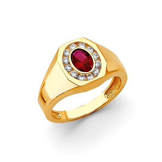 14K Yellow Gold Men’s Ring with Synthetic Oval-Cut Ruby and Cubic Zirconia