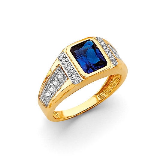 14K Yellow Gold Men’s Ring with Synthetic Emerald-Cut Blue Sapphire Stone accented with Cubic Zirconia