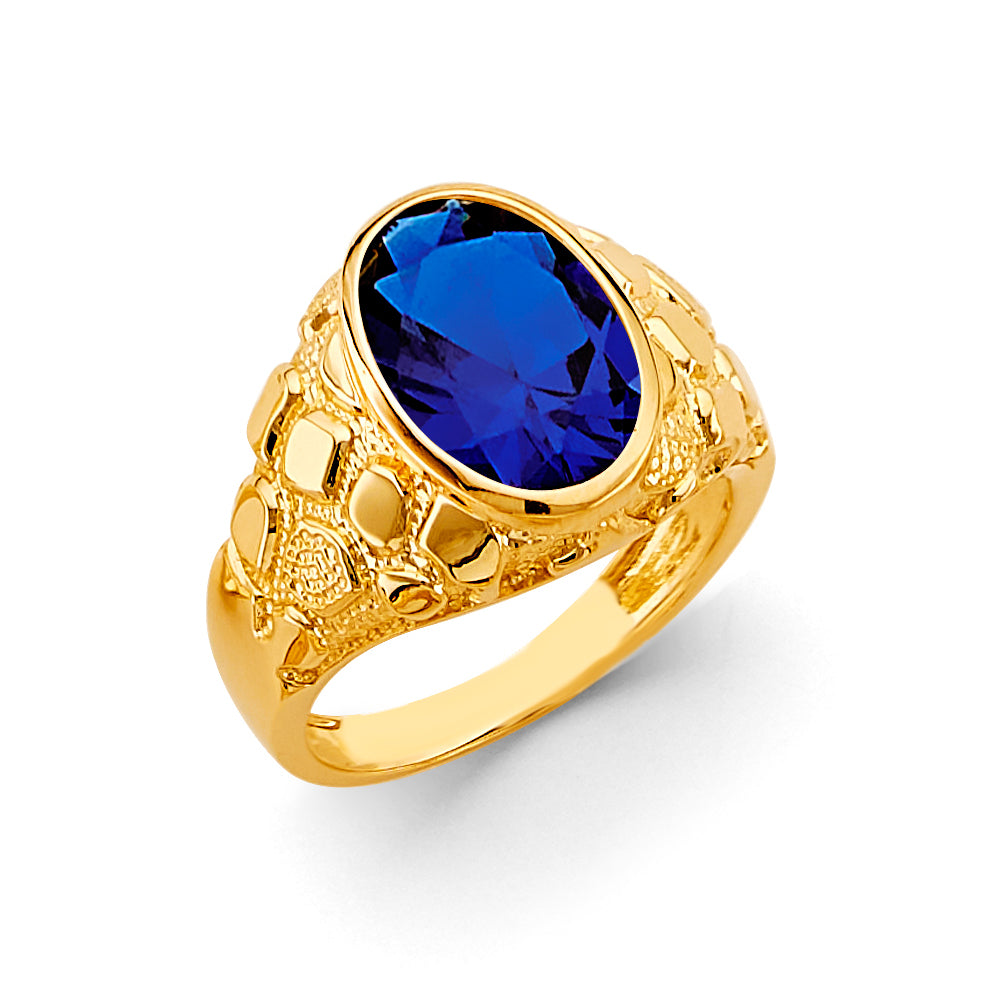 14K Yellow Gold Men’s Oval Synthetic Sapphire Blue CZ Ring