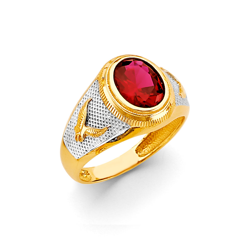 14K Two-Tone Gold Men’s Eagle Design Oval Synthetic Red Ruby CZ Ring