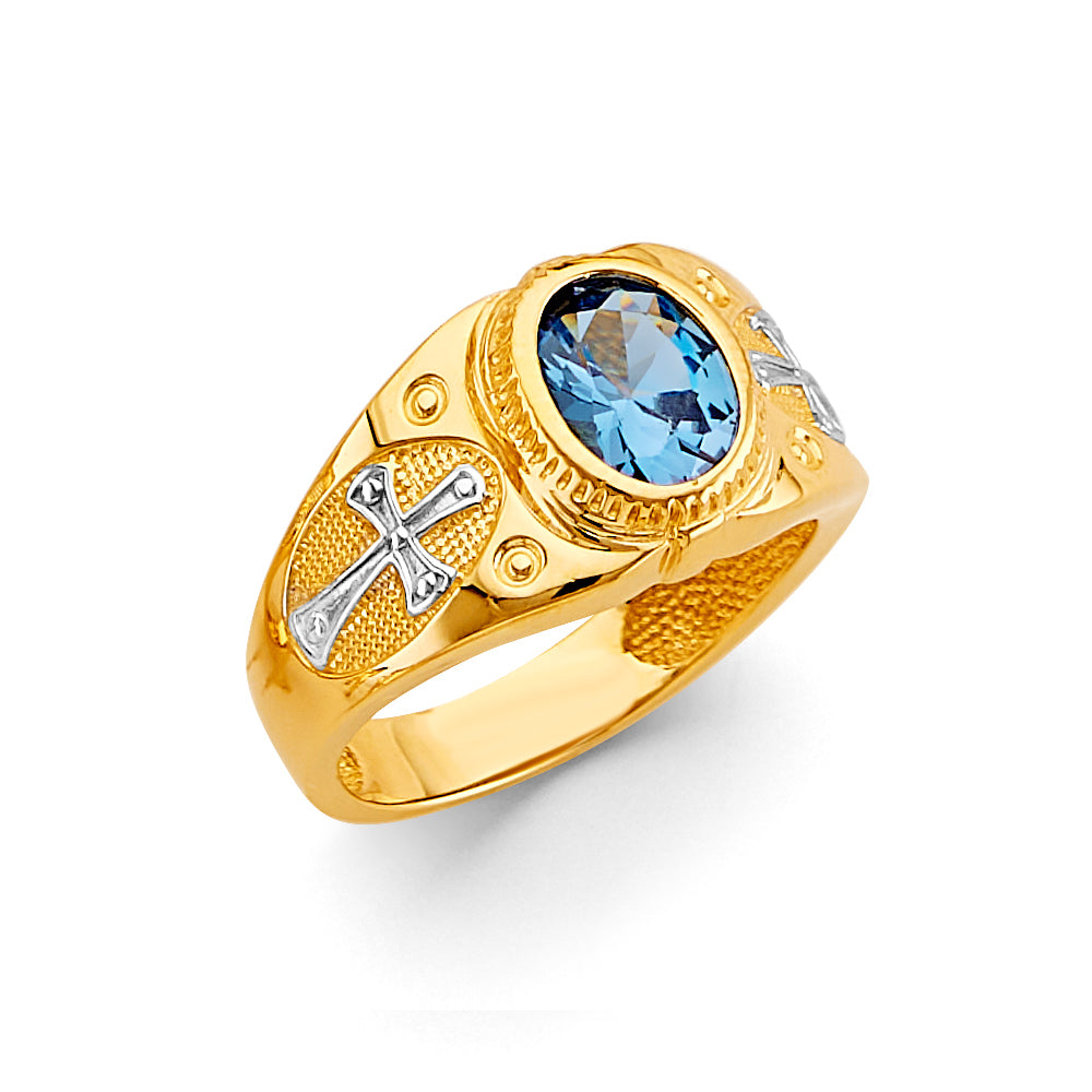 14K Two-Tone Gold Men’s Cross Design Oval Aquamarine CZ Ring
