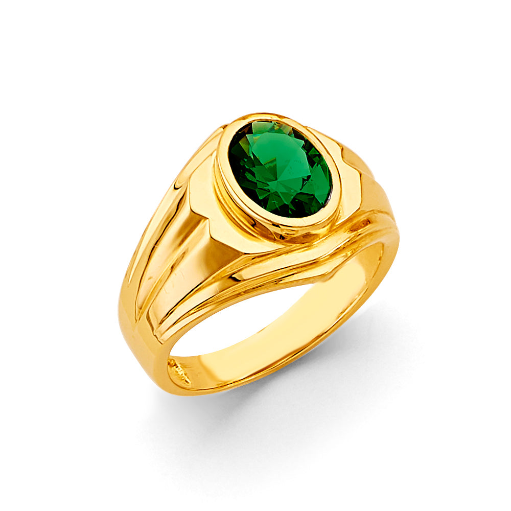 14K Yellow Gold Men’s Bezel Set Round Synthetic Emerald Green CZ Ring
