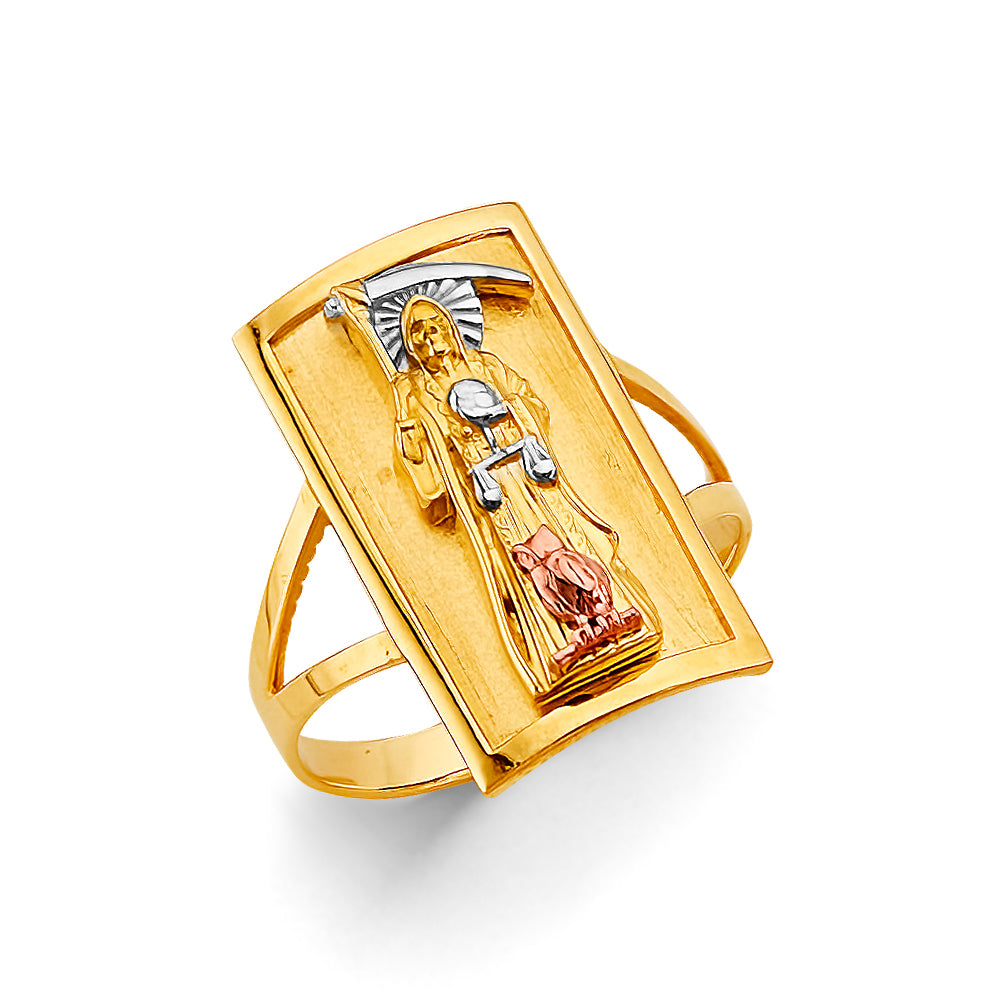 14K Tri-Color Gold Men’s Santa Muerte Rectangular Design Ring