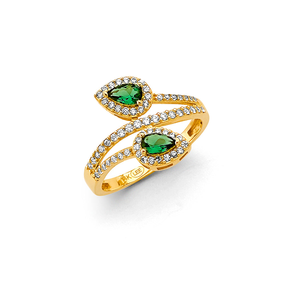 14K Yellow Gold Women’s Open Flow Pear Shape Synthetic Emerald Green CZ Ring