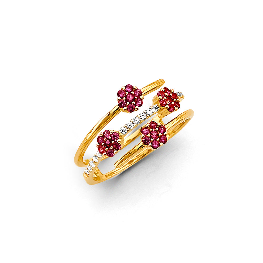 14K Yellow Gold Women’s Open Bypass Cluster Design Ring with Synthetic Red Ruby CZ